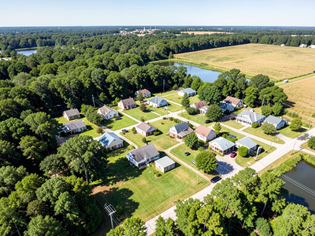 Aerial view of large-lot homes and farmland near Gilbert, South Carolina