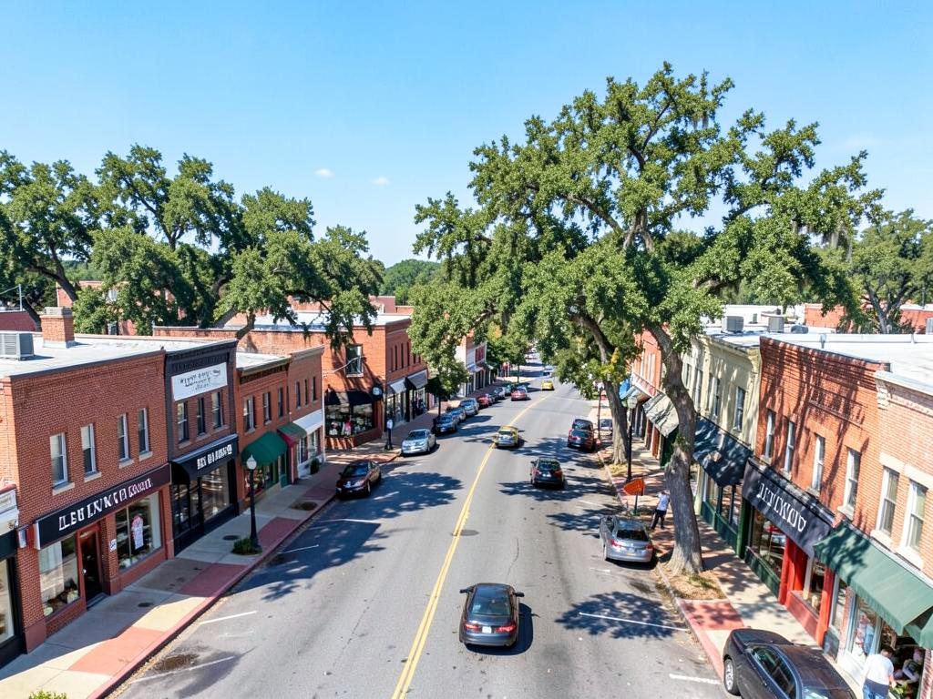 Downtown Lexington, South Carolina street with brick storefronts